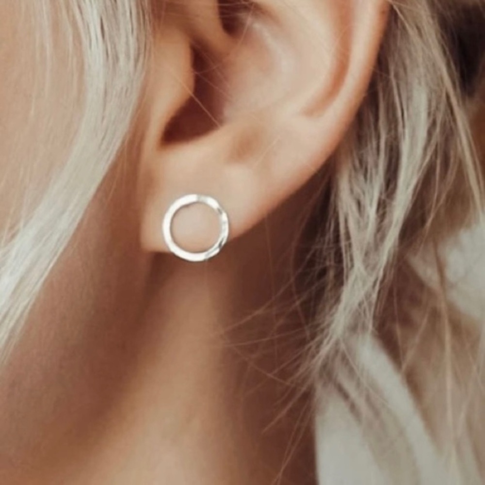 Hammered Open Circle Sterling Silver Stud Earrings • Minimalist Earrings